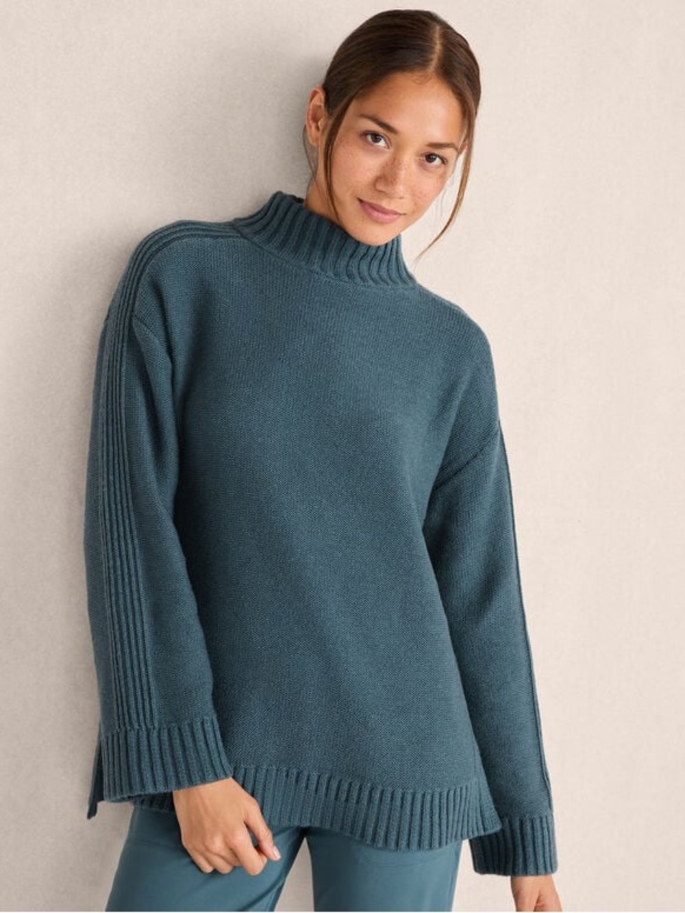 Haven Well Within Rib Detail Mock neck Cozy Sweater in Teal Blue